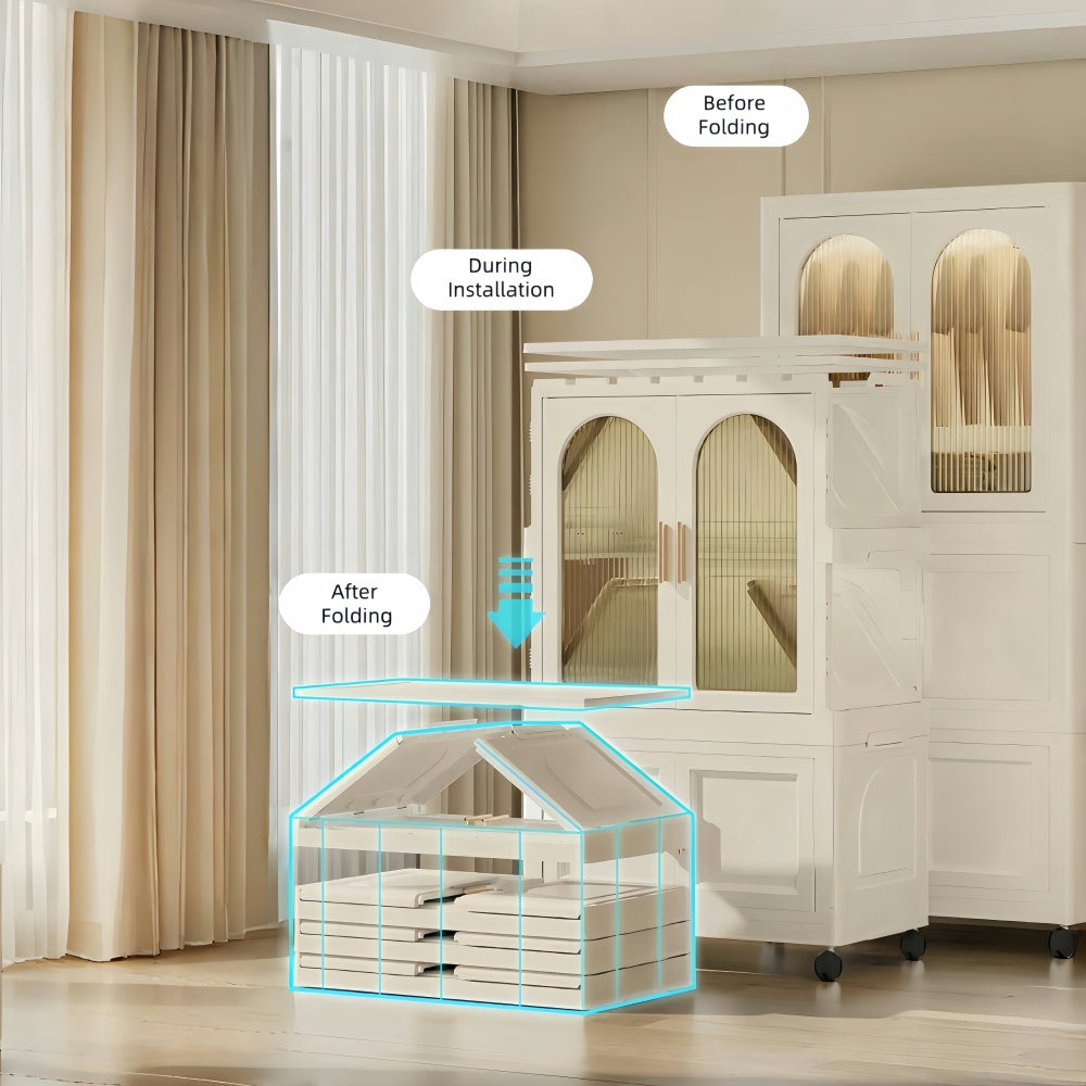 25.59" Side Wide Folding Wardrobe , 25.59"×15.75"×57.09", with Magnetic Door, Plastic Storage Cabinet with Wheels( one layer of wardrobe + two layers of folding boxes+10 hangers )