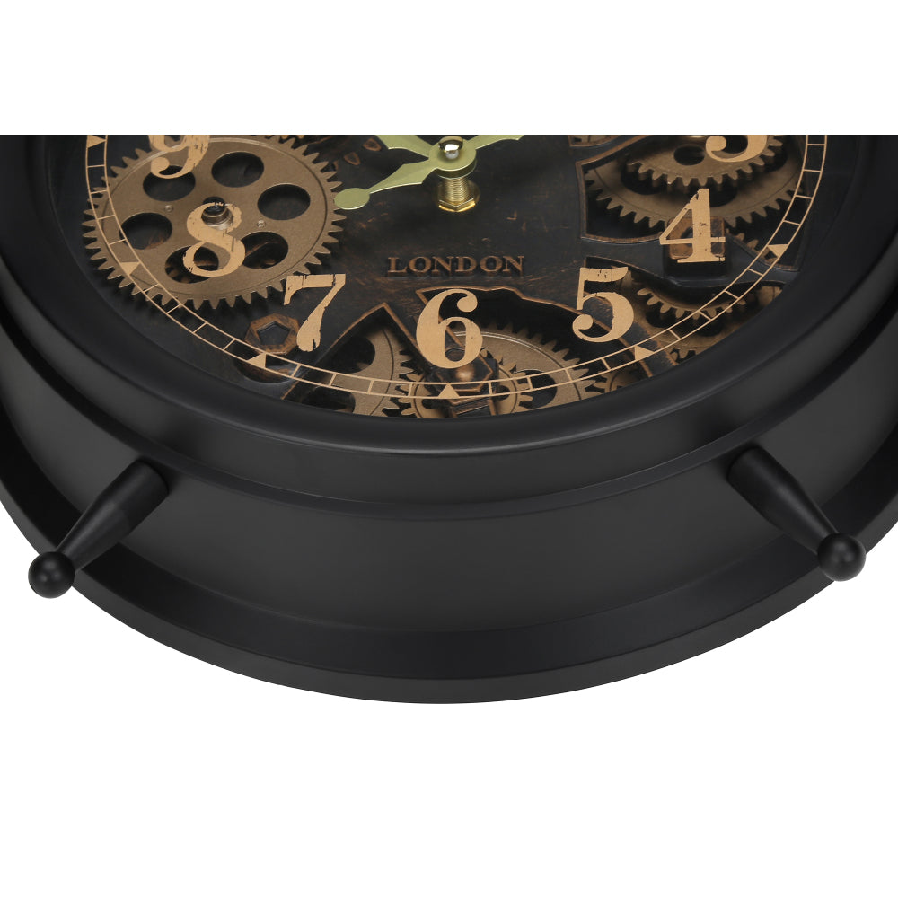 Clocks, 12" Round, Gear Mechanism, Table Clock, Brown, Transitional