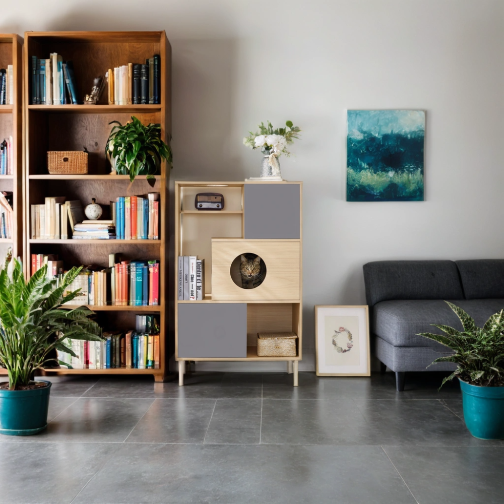 2 IN 1 Modern Cat Tree Bookshelf with Storage, Wood Bookcase with Litter Box Enclosure, Cat Climbing Shelves with Hidden Storage