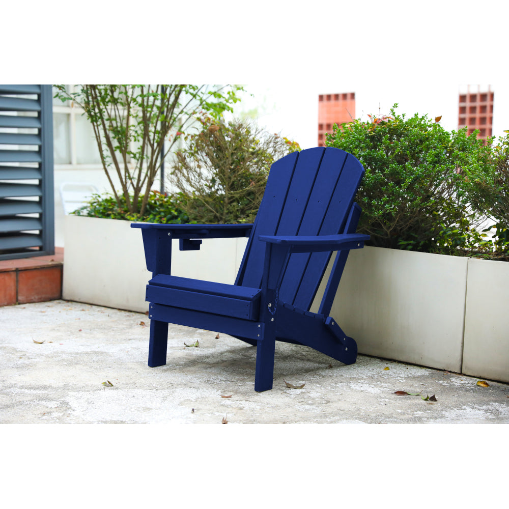 Folding Adirondack Chair with Side Table, 3-Piece Adirondack Chair Set with Wood Texture, Navy Blue(includes 2 Chairs and 1 Table)
