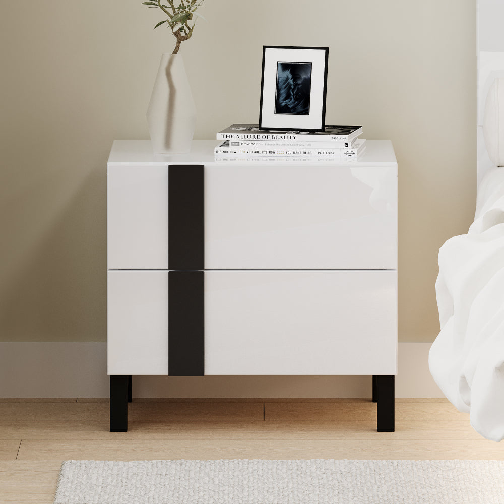 Modern High Gloss 3-Piece Bedroom Set Floating Bed Frame Queen Size Platform Bed with LED Light & 2 Nightstands, White
