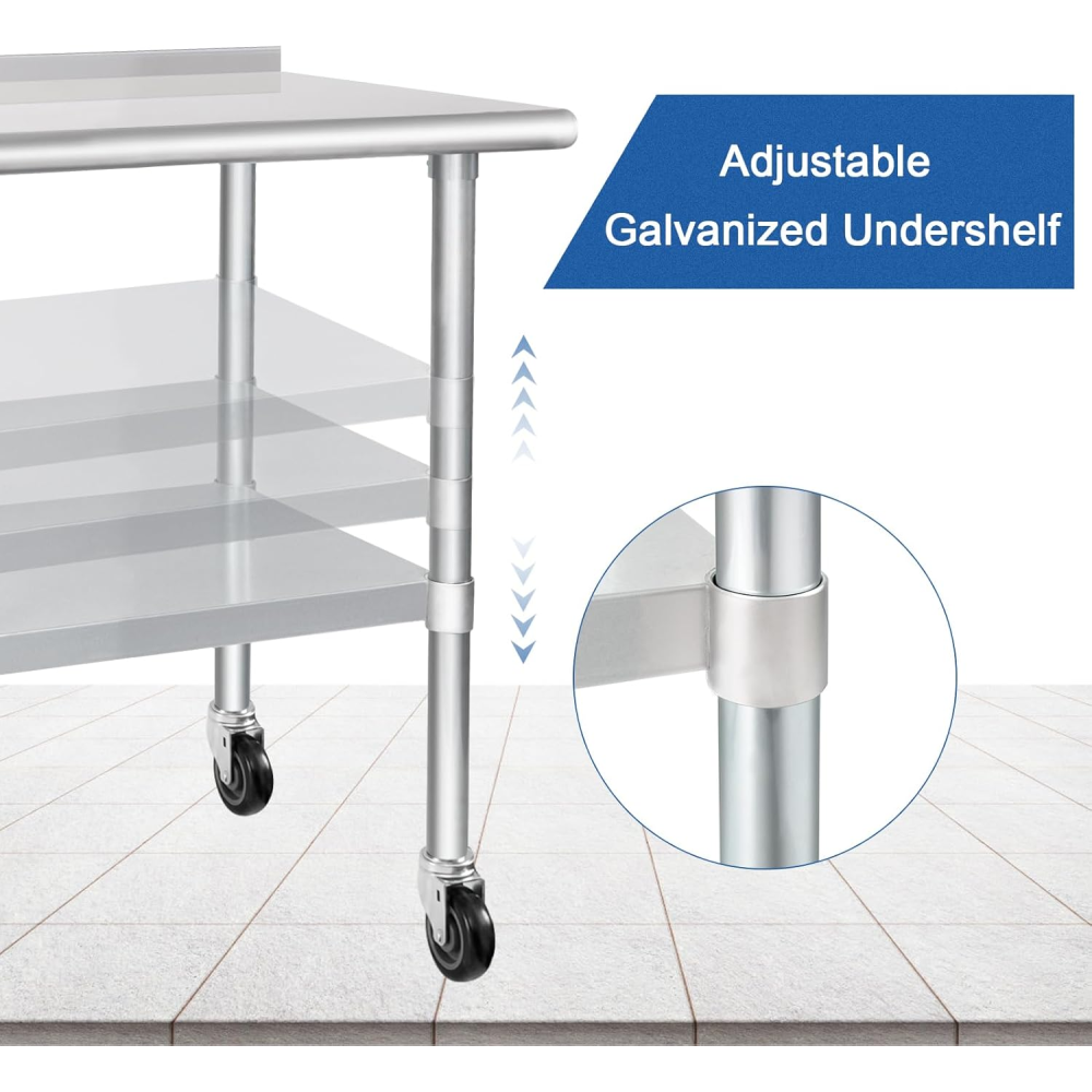 Stainless Steel Table 30 x 60 Inches Metal Prep Table with Wheels Casters Adjustable Undershelf Stainless Table for Commercial Kitchen, Outdoor, Restaurant, Hotel & Garage