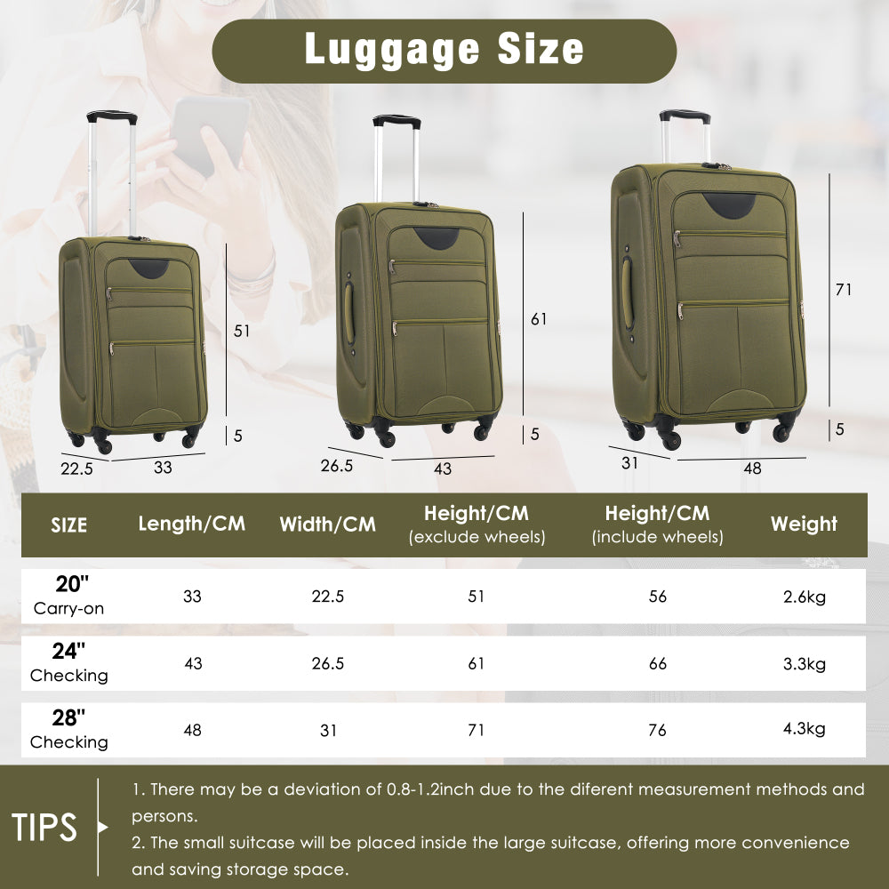 Softside Luggage Expandable 3 Piece Set Suitcase Upright Spinner Softshell Lightweight Luggage Travel Set
