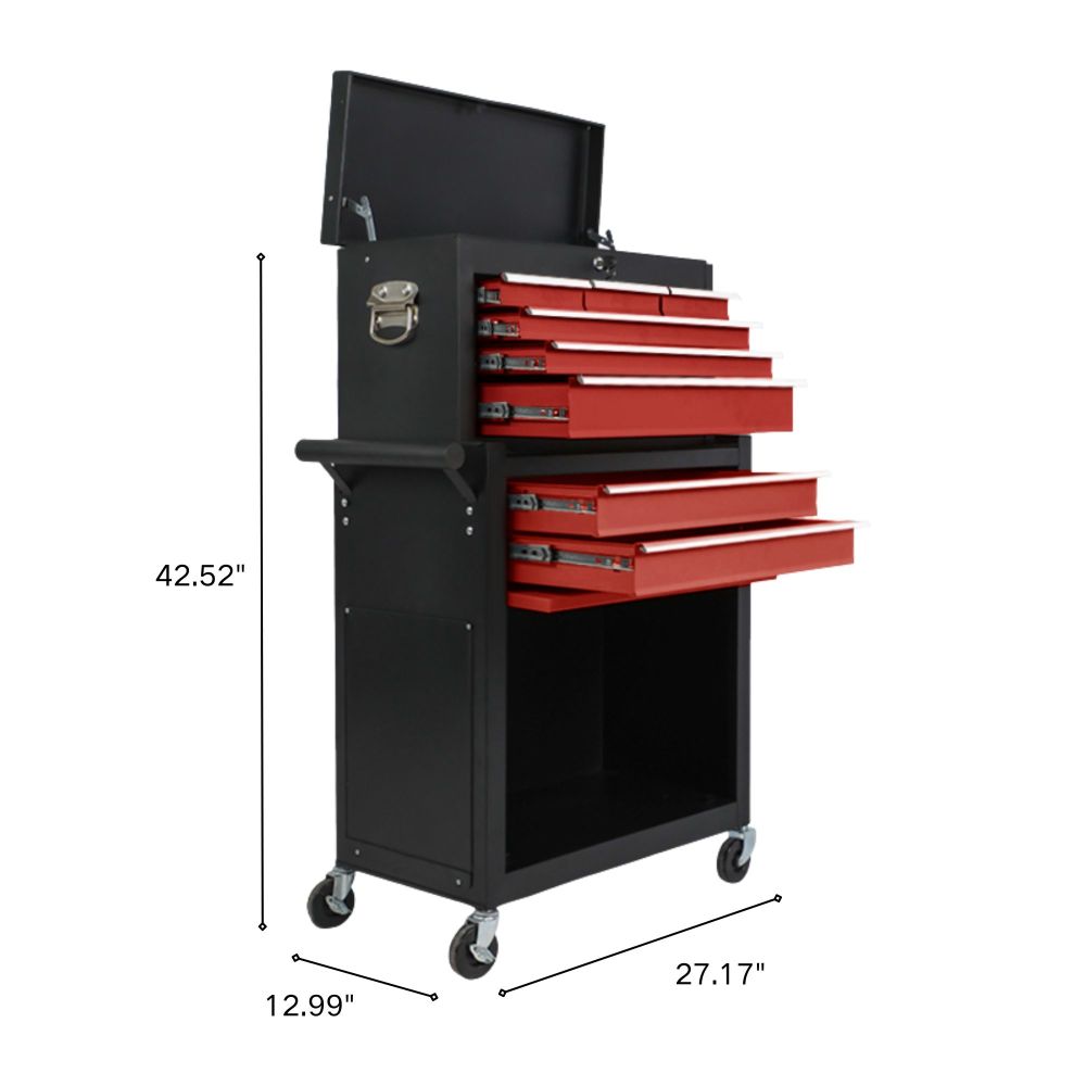 eight-drawer large capacity rolling toolbox, detachable cabinet storage toolbox with wheels and drawers, detachable toolbox with lock for workshop mechanical garage BLACK+RED