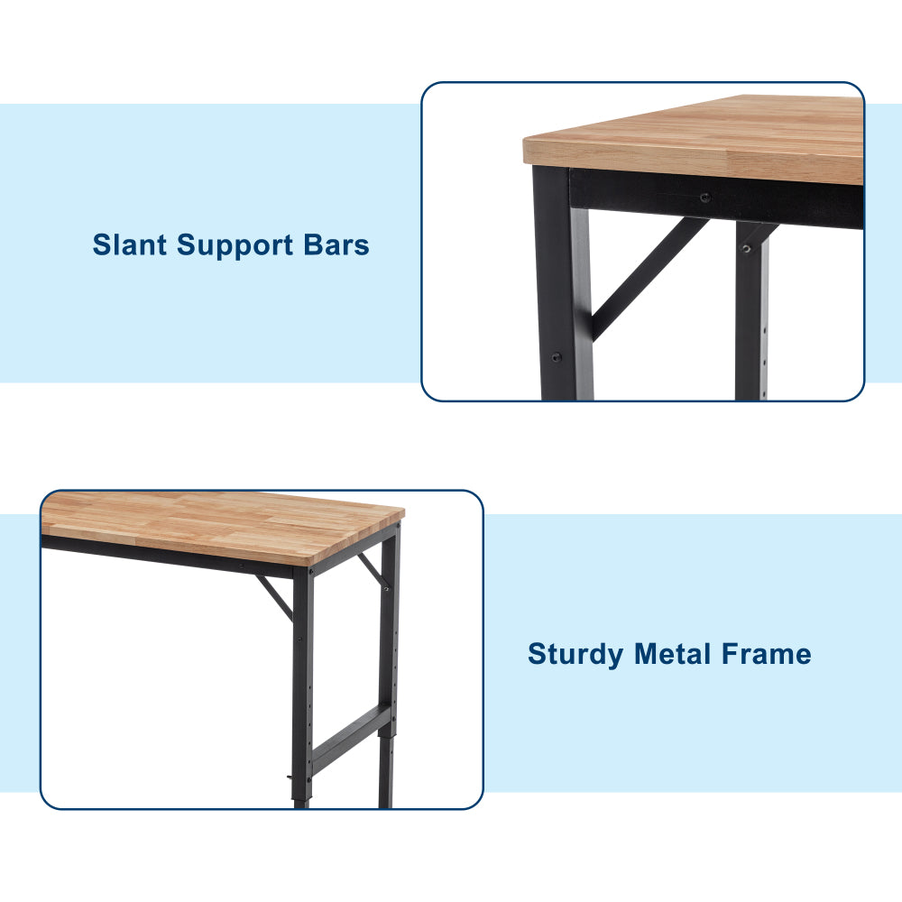 48" Heavy-Duty Adjustable Workbench for Garage, Rubber Wood shop table W/Metal Wheels, Hardwood Workstation Weight Capacity over 2000 Lbs with Wheels