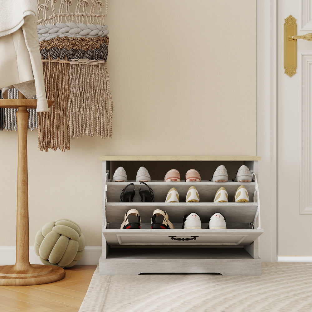 Shoe Storage Bench with 1 Flip Drawer and Adjustable Shelf, Small Shoe Cabinet for Entryway, Hallway, Bedroom-Antique White
