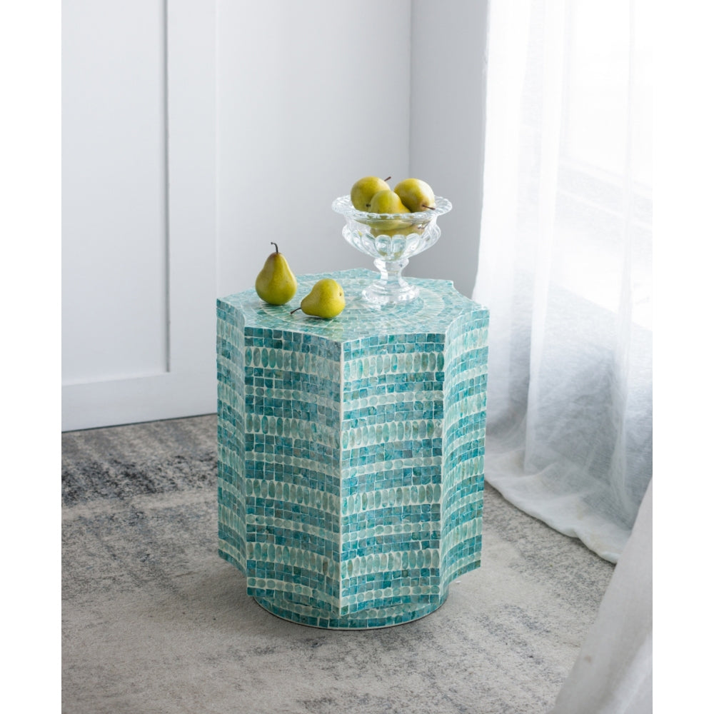 18x18x21" Hexagonal Capes Capiz Stool, Cream/Yellow