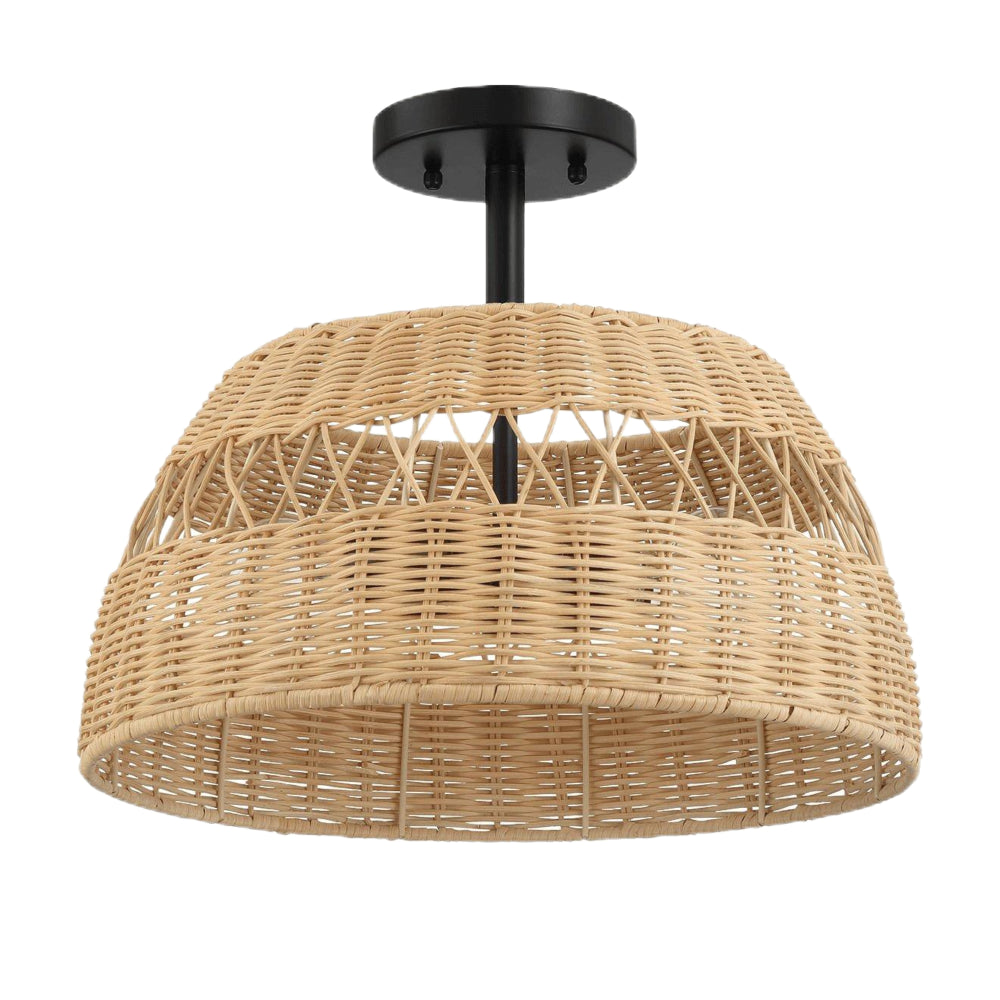 Twinkle Double Lights Semi Flush with Rattan Shade Black Metal Finish for Farmhouse Style Decor 12.6"H x 15"W x 15"D