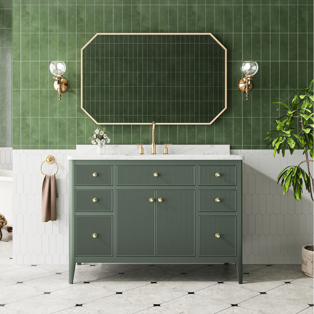 Fully Assembled 48'' Grey Freestanding Single Sink Bathroom Vanity with Solid Wood Construction and Engineered Marble Top
