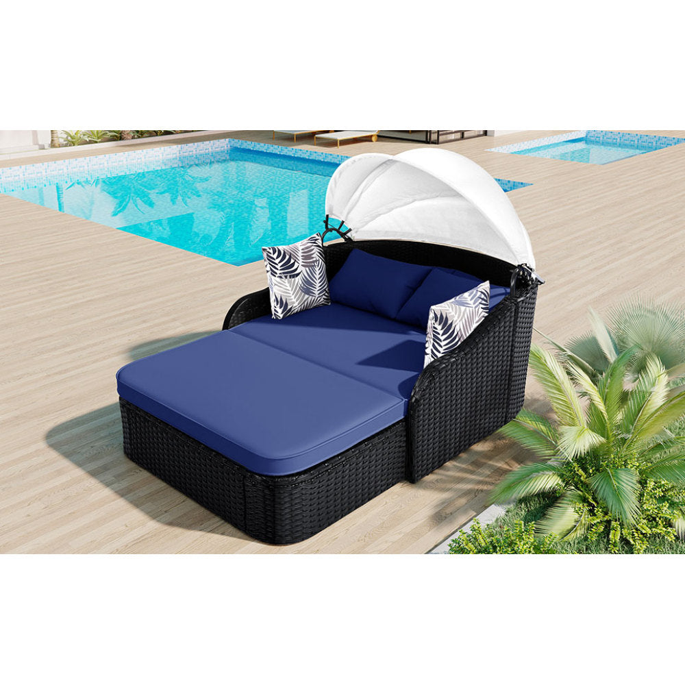 GO 79.9" Outdoor Sunbed with Adjustable Canopy, Double lounge, PE Rattan Daybed, Black Wicker and Blue Cushion
