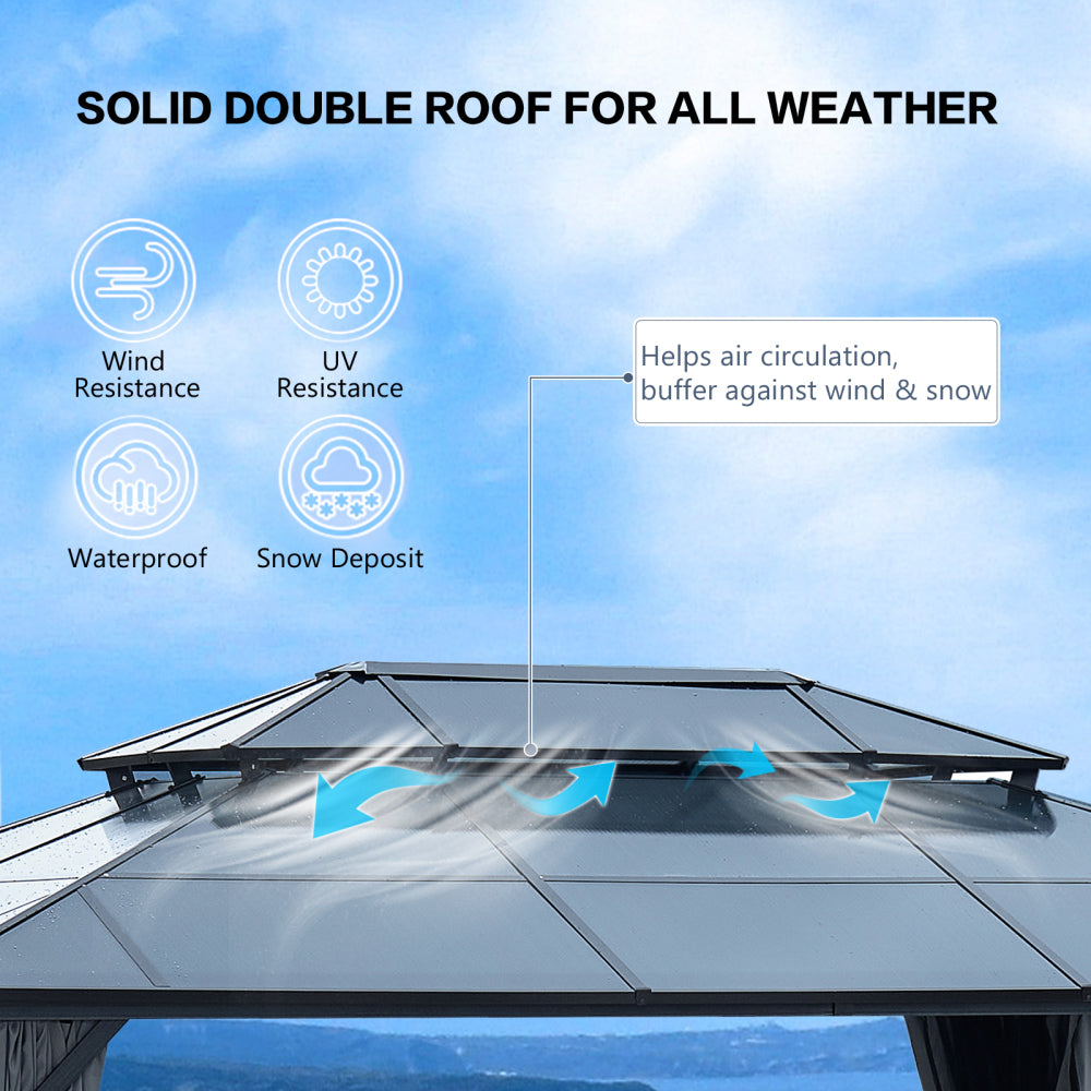 12' x 16' Gazebo Polycarbonate Double Roof Canopy Outdoor Aluminum Frame Pergola, Permanent Pavilion with Netting and Curtains for Garden Patio Lawns Parties