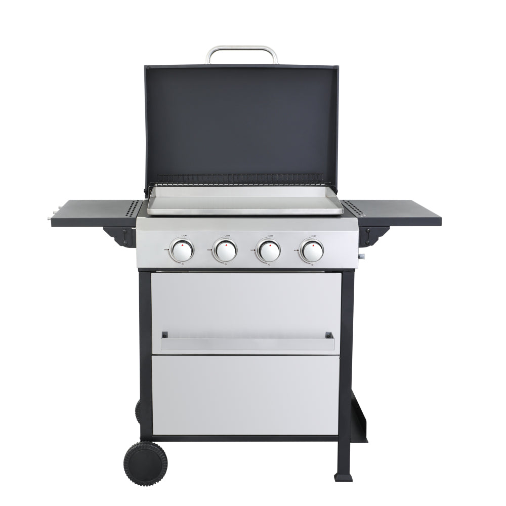 4-Burner Propane Gas BBQ Grill, SS Plancha, 49200BTU Output With Wire Enamel Cooking Grids For Outdoor Barbecue, Foldable Side Table, Hanging Basket, Stainless Steel