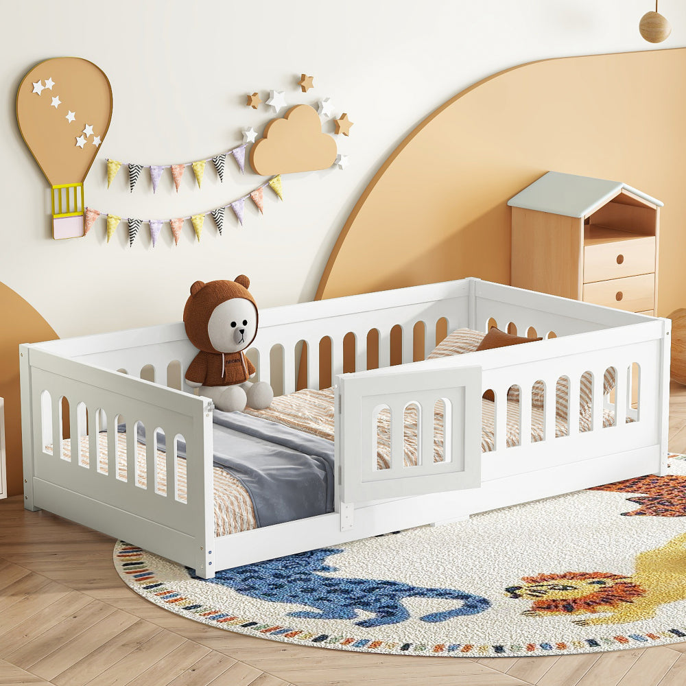 Twin Size Floor Bed with Heightened Safety Guardrails and Door, Solid Wood Bedframe with Rails for Girls, Boys, Teens, Child Bedroom, Kids Playroom, No Slats Included, White