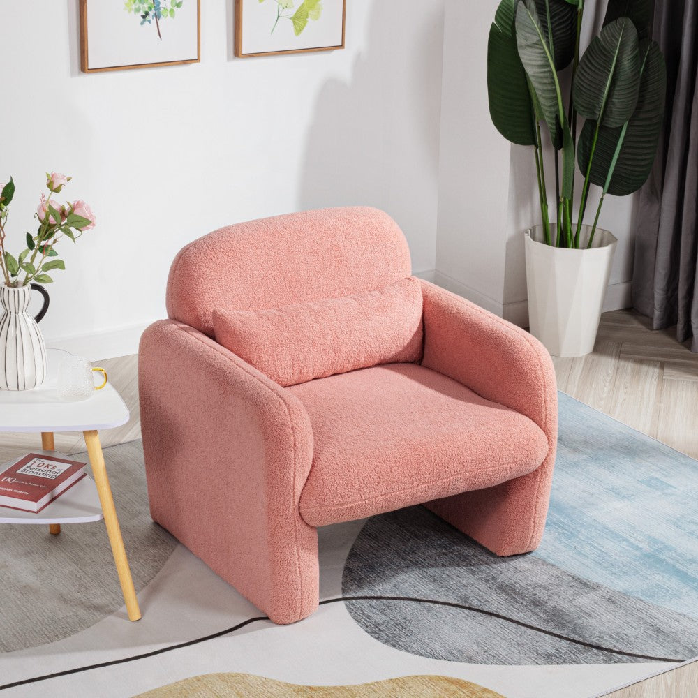 Stylish and Minimalist Teddy Fleece Single Sofa Chair with Arms and Pillow, Armchair, Accent Chair for Living Room, Bedroom, Study,Pink