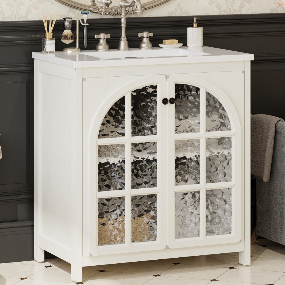 30" Modern Bathroom Vanity with Ceramic Sink, Bathroom Vanity Cabinet with Tempered Blurred Glass and Matte Black Handles, Equipped with Large Storage Space and Rubber Wood Frame, White