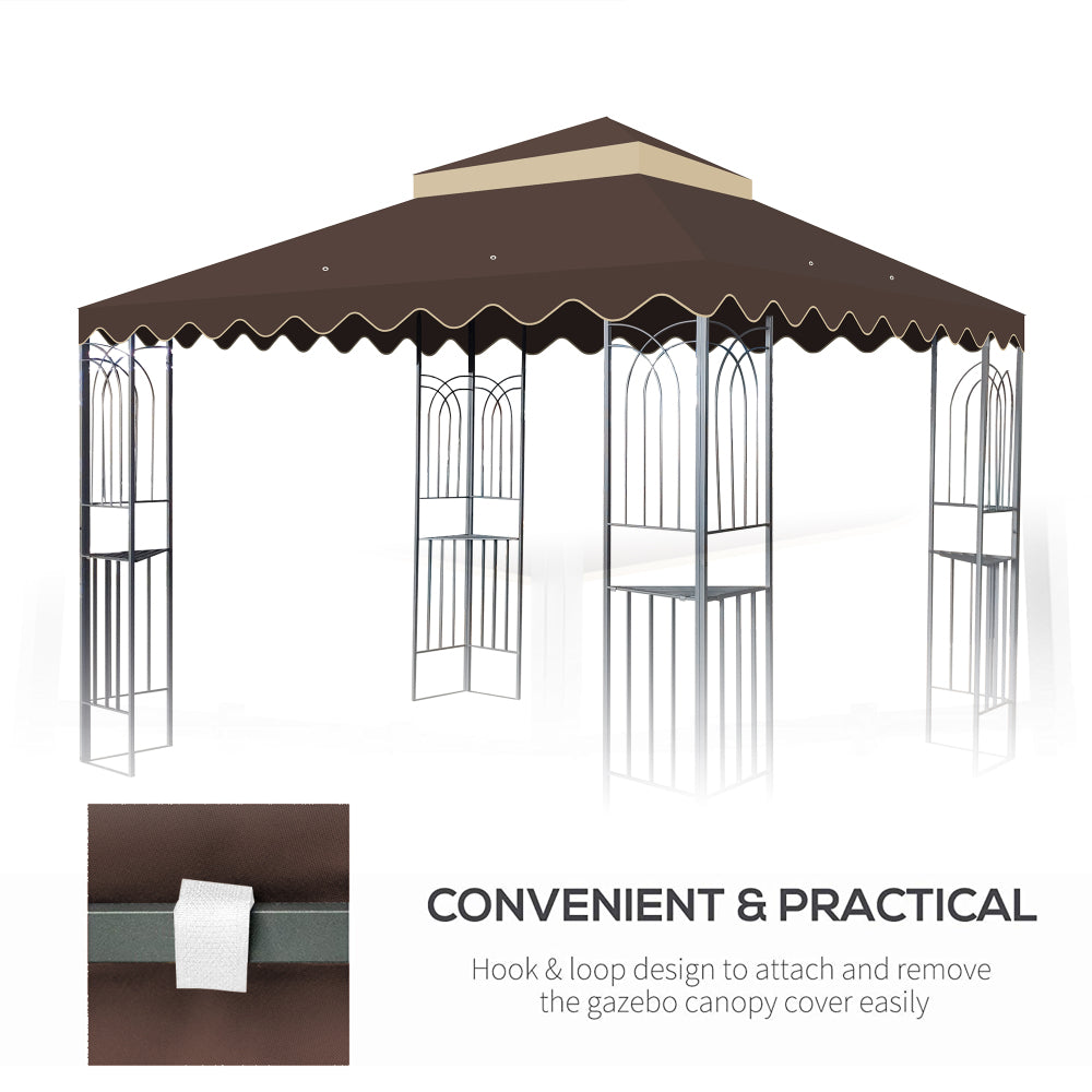 10x10 Ft Outdoor Patio Gazebo Replacement Canopy,Double Tiered Gazebo Tent Roof Top Cover Only wavy border(Frame Not Include)-BROWN