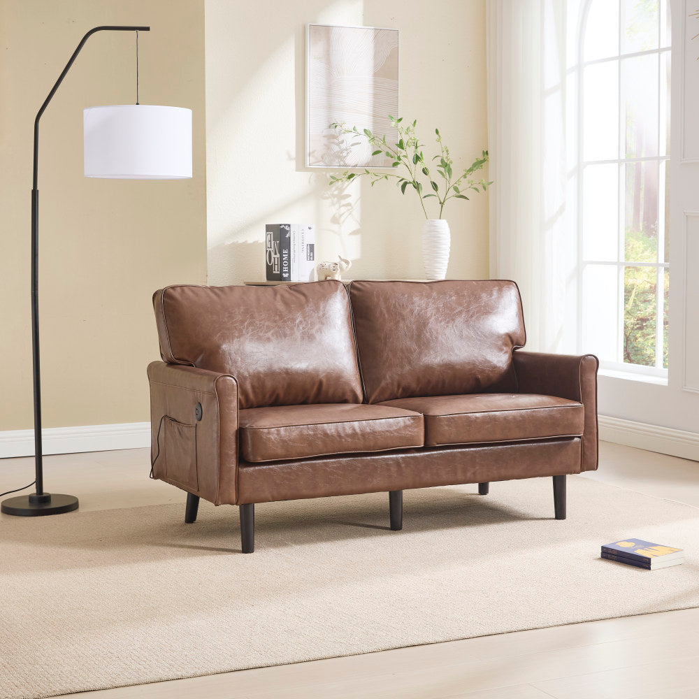 Loveseat Sofa, Mid Century Modern Love Seat, 2 Seater Sofa Couches for Living Room, Small Couch with USB & Removable Pillow Cover, Comfy Couch for Bedroom, Apartment (Beige)