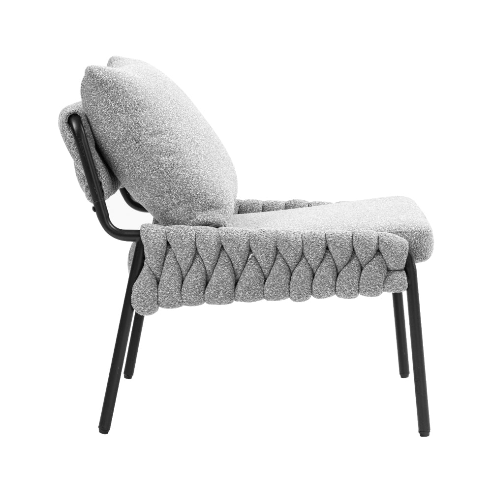 Modern Accent Lounge Chair with Braided Upholstery and Metal Frame, Comfortable Armchair for Living Room or Bedroom, Soft Cushioned Seat and Backrest, Set of 1 (GREY)