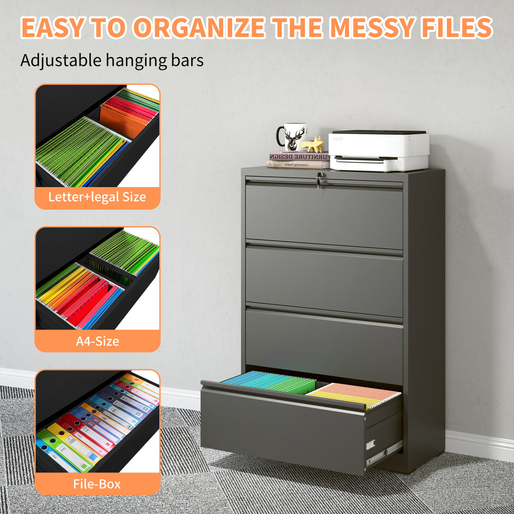 Lateral File Cabinet 4 Drawer, Black Filing Cabinet with Lock, Lockable File Cabinet for Home Office, Locking Metal File Cabinet for Legal/Letter/A4/F4 Size