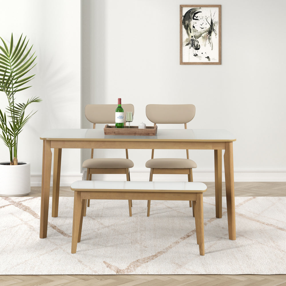 6-piece Dining Table Set, One Table One Bench and Four Chairs, High Gloss White Tabletop With Light Oak Color