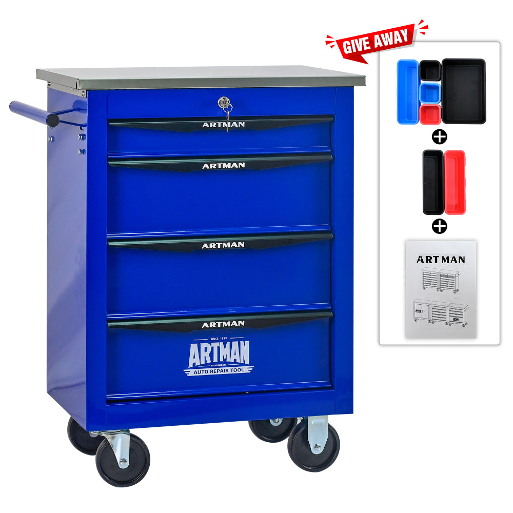 4 Drawers Multifunctional Tool Cart with Wheels,Metal Rolling Tool Cart Storage for Garage Workshop Warehouse Repair Shop--With Stainless Steel Roof- BLACK&BLUE