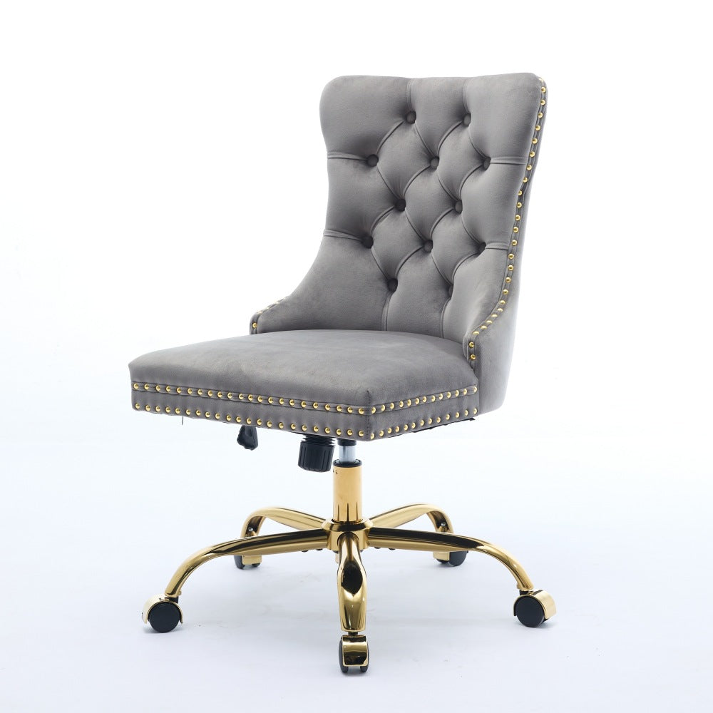 A&A Furniture Office Chair,Modern Velvet Upholstered Tufted Button Home Office Chair with Golden Metal Base,Adjustable Desk Chair Swivel Office Chair (Gray)