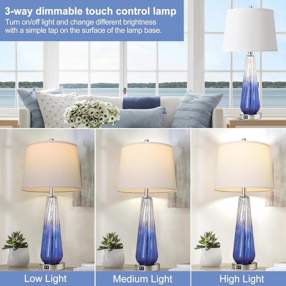 Table Lamps Set of 2 with Touch Control, 3-Way Dimmable Modern Glass Bedside Lamps with USB A+C Ports, Nightstand Lamp with White Fabric Shade, 27.5" Large Lamps for Living Room Bedrooms Decorations