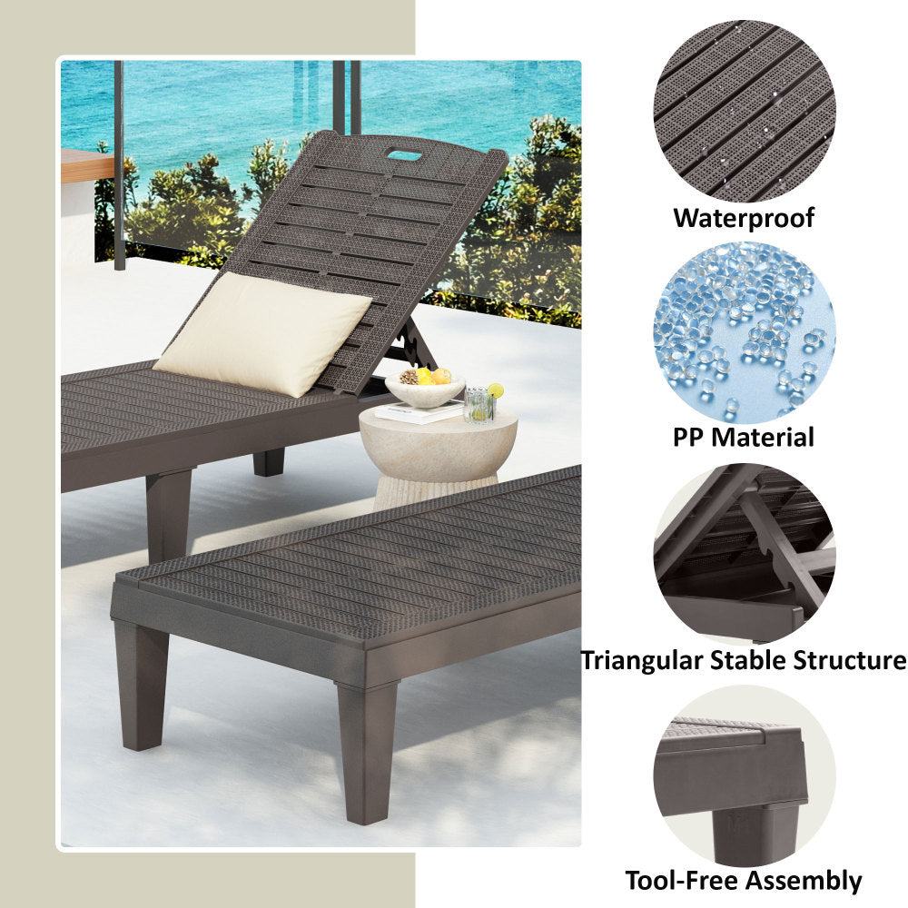 2-Piece Outdoor Chaise Lounges Resin Pool Lounge Chairs Outdoor Chaise Lounge Chair Set with Adjustable Backrest (Set of 2) for Patio, Poolside or Beach, Dark Brown