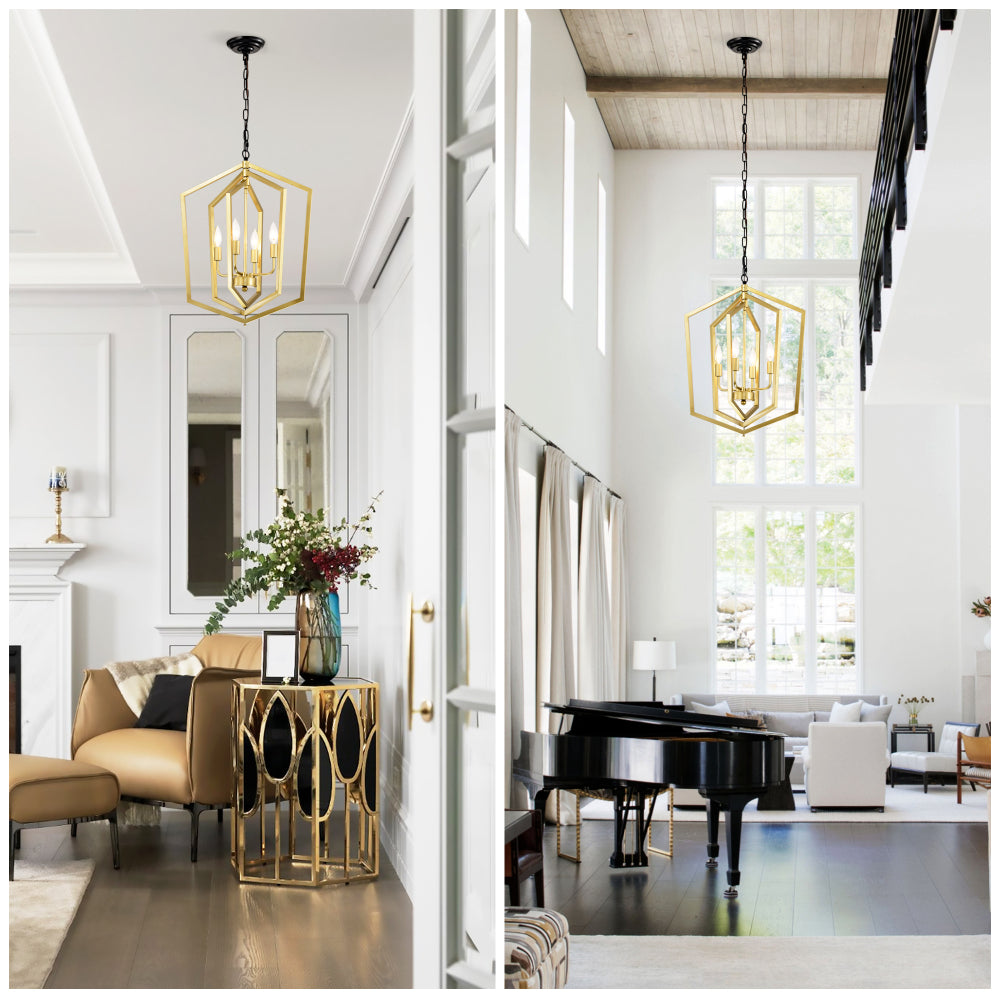 4-Light Farmhouse Kitchen Chandeliers, Vintage Cage Light Fixture Adjustable Height Chandeliers for Dining Room Hallway Foyer Entryway(E12 Bulbs Not Included)--GOLD+MATTE BLACK