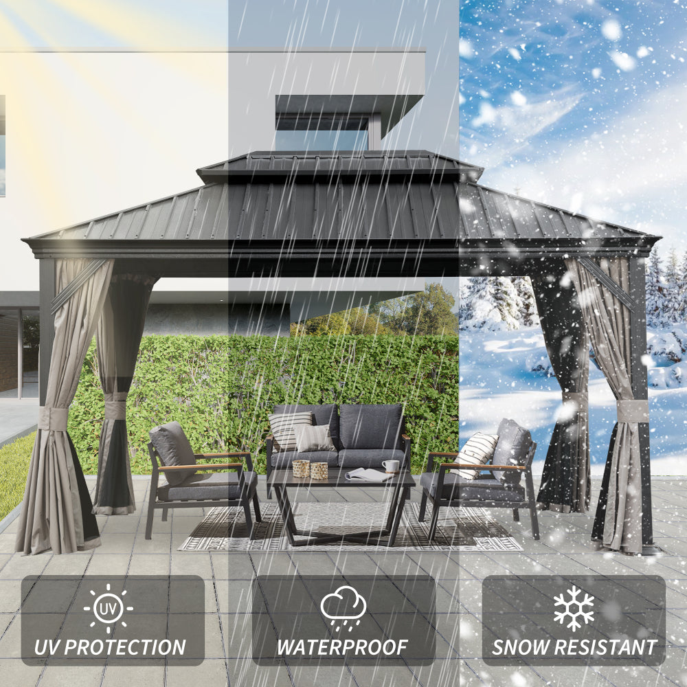 12' X 14' Hardtop Gazebo, Upgraded Metal Gazebo with Drainage System, Dual-Layer Galvanized Steel Roof, Curtain and Netting, Outdoor Shelter Canopy for Patio, Garden, and Backyard, Grey