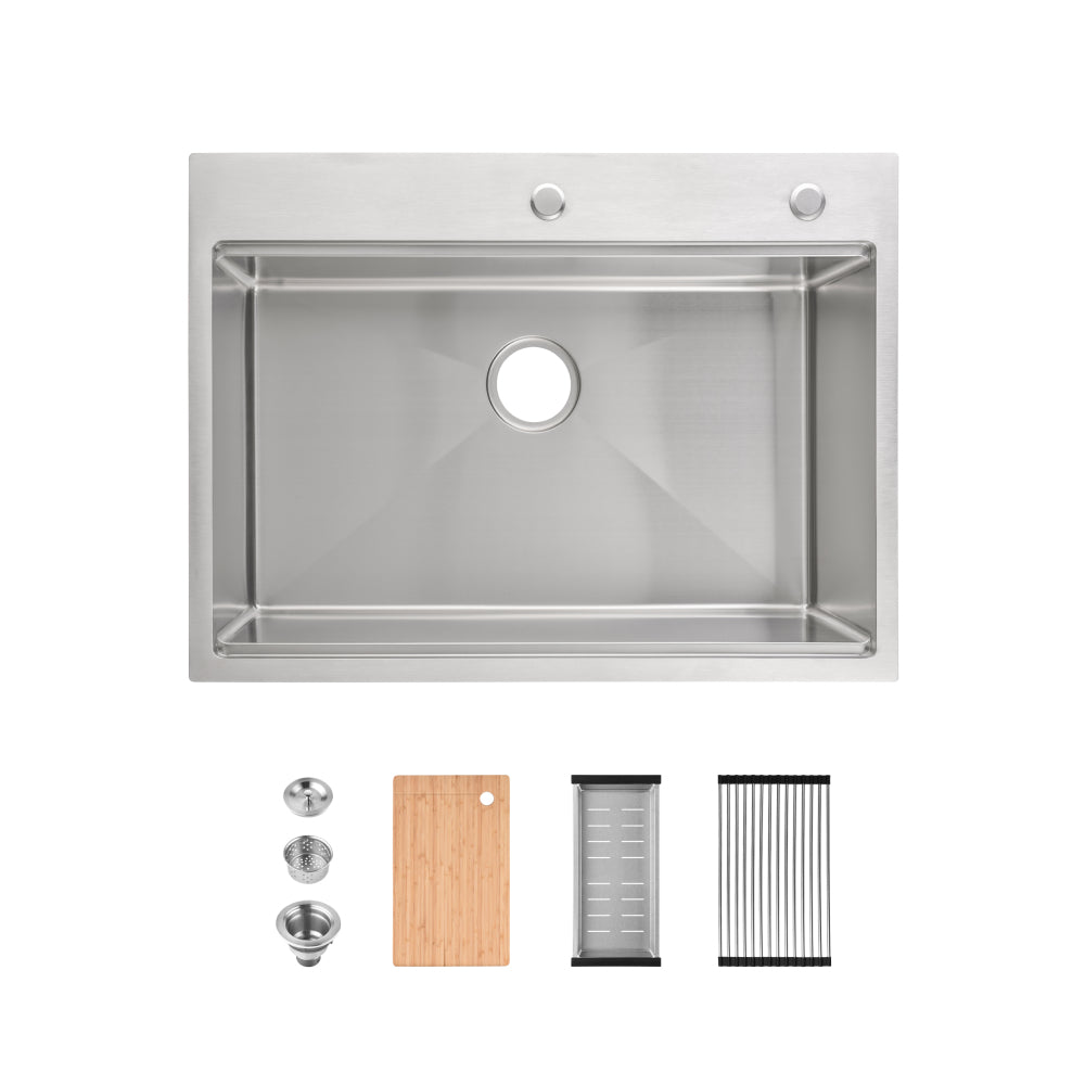 Stainless Steel Kitchen Sink, 32″x19″ Single Bowl, Overmount Handmade Sink in Brushed Nickel, with US Standard Drain and Hook, LS-SSBR02