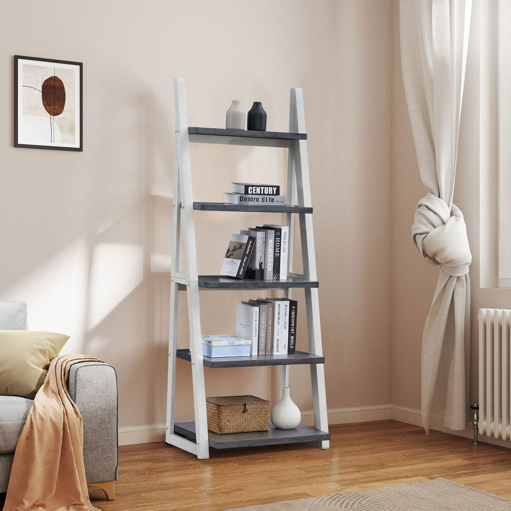 5-Tier Shelves,Bookshelf, Storage Rack, Bookcase with Rubber Wood Frame, Ladder Shelf for Living Room, Home Office, Kitchen, Bedroom, Apartment ,Rustic Brown