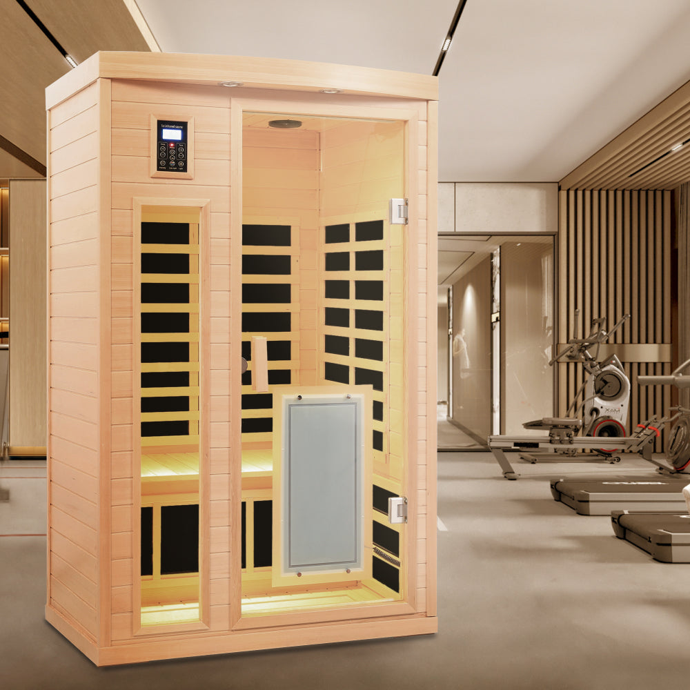 Low EMF Front door with heating panel Two Person Hemlock Far Infrared Indoor Suana Room