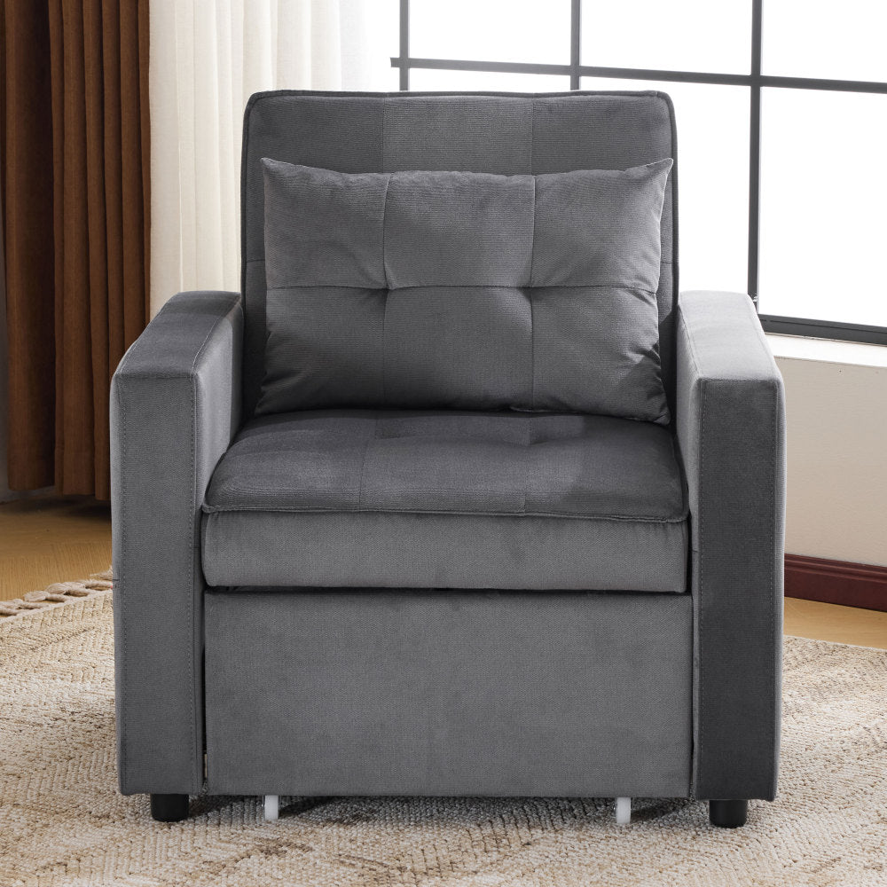 Convertible Sleeper Sofa Chair Bed with Pillow & Pocket, 3-in-1 Sofa Bed Sleeper Chair in Modern Velvet Fabric for Living Room, Bedroom, Study, Apartment, Gray