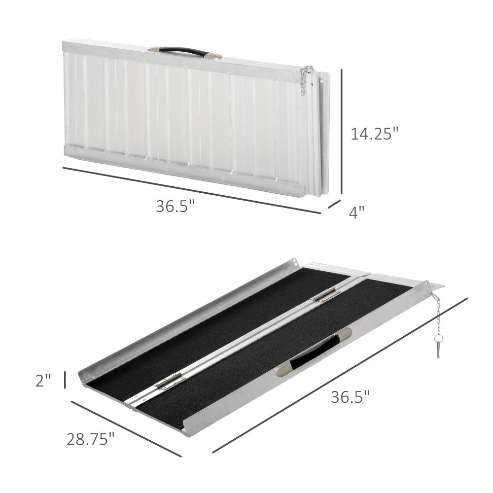 HOMCOM Wheelchair Ramp 3FT, Folding Aluminum Threshold Ramp with Non-Slip Surface, Transition Plates, 600lbs Weight Capacity, Handicap Ramp for Home, Doorways, Curbs, Steps