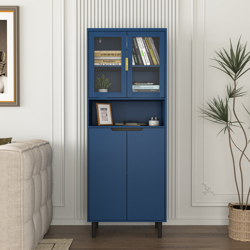 Tempered Glass Door Tall Storage Bookcase with adjustable board, 4 doors MDF painting finished cabinet, Black, Living room Bedroom storage