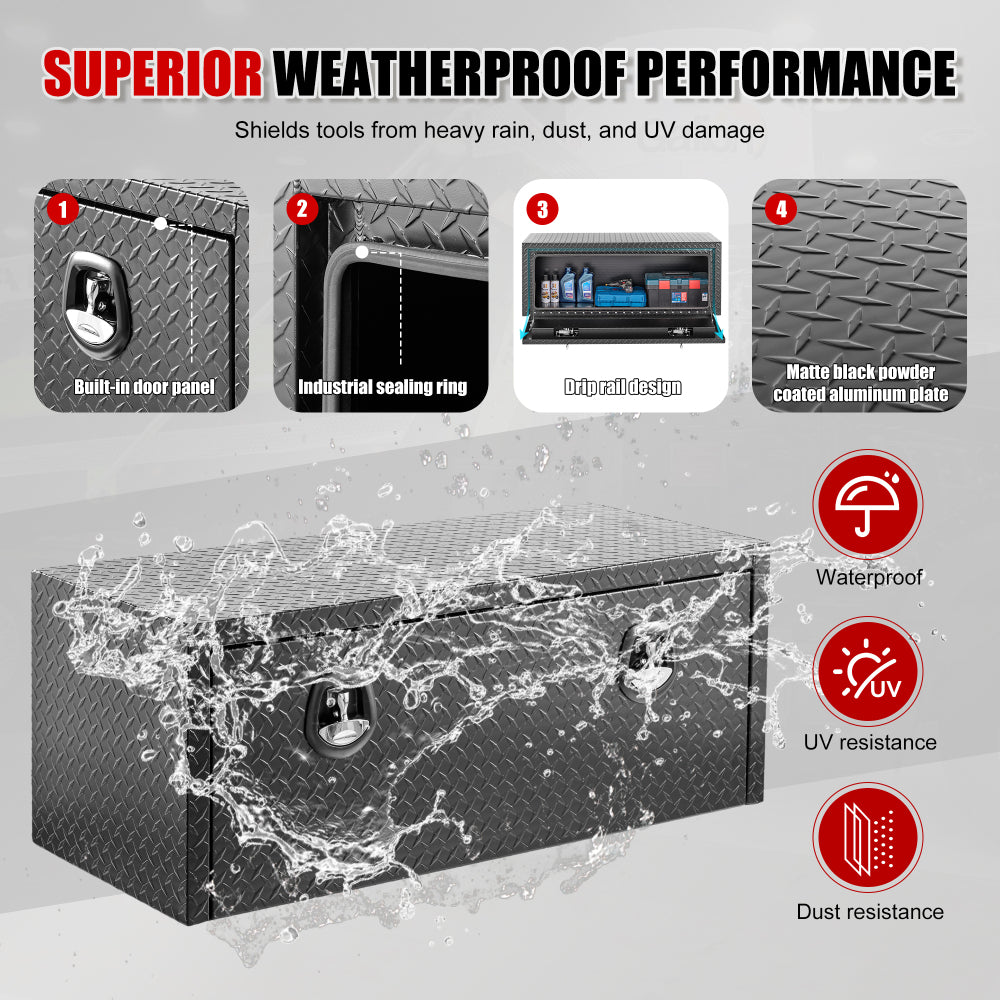 48 inch aluminum underbody truck tool box heavy duty underbed toolbox tool storage organizer chest with lock and keys, waterproof trailer box, extra thick diamond thread plate matte black finish