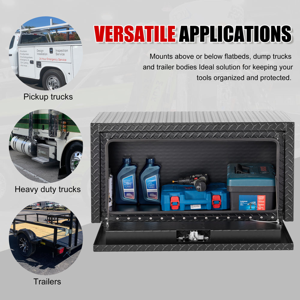 36 inch aluminum underbody truck tool box heavy duty underbed toolbox tool storage organizer chest with lock and keys, waterproof trailer box, extra thick diamond thread plate matte black finish