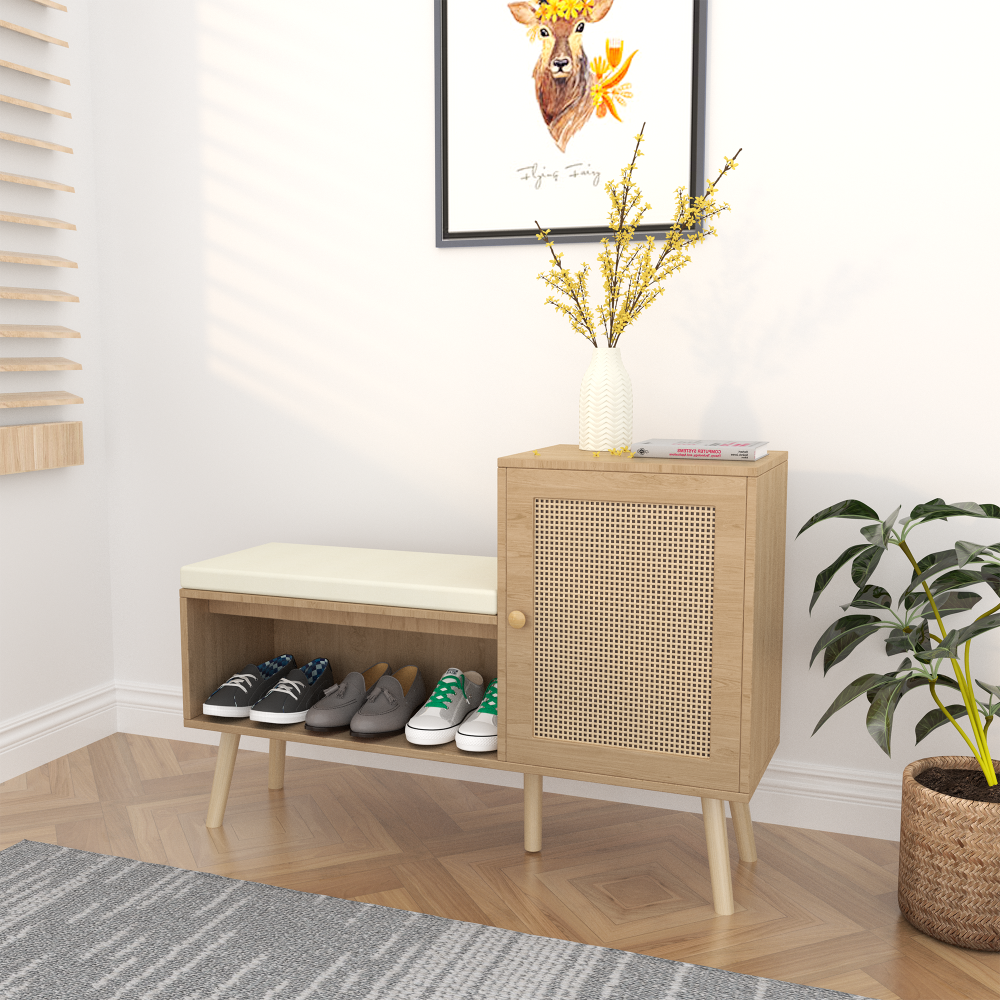 2-in-1 Shoe Storage Bench, Natural Rattan Shoe Cabinet with 2 Adjustable Shelves and Removable Seat Cushion, Modern Entryway Bench, Shoe Storage Organizer, Shoe Rack for Hallway, Bedroom