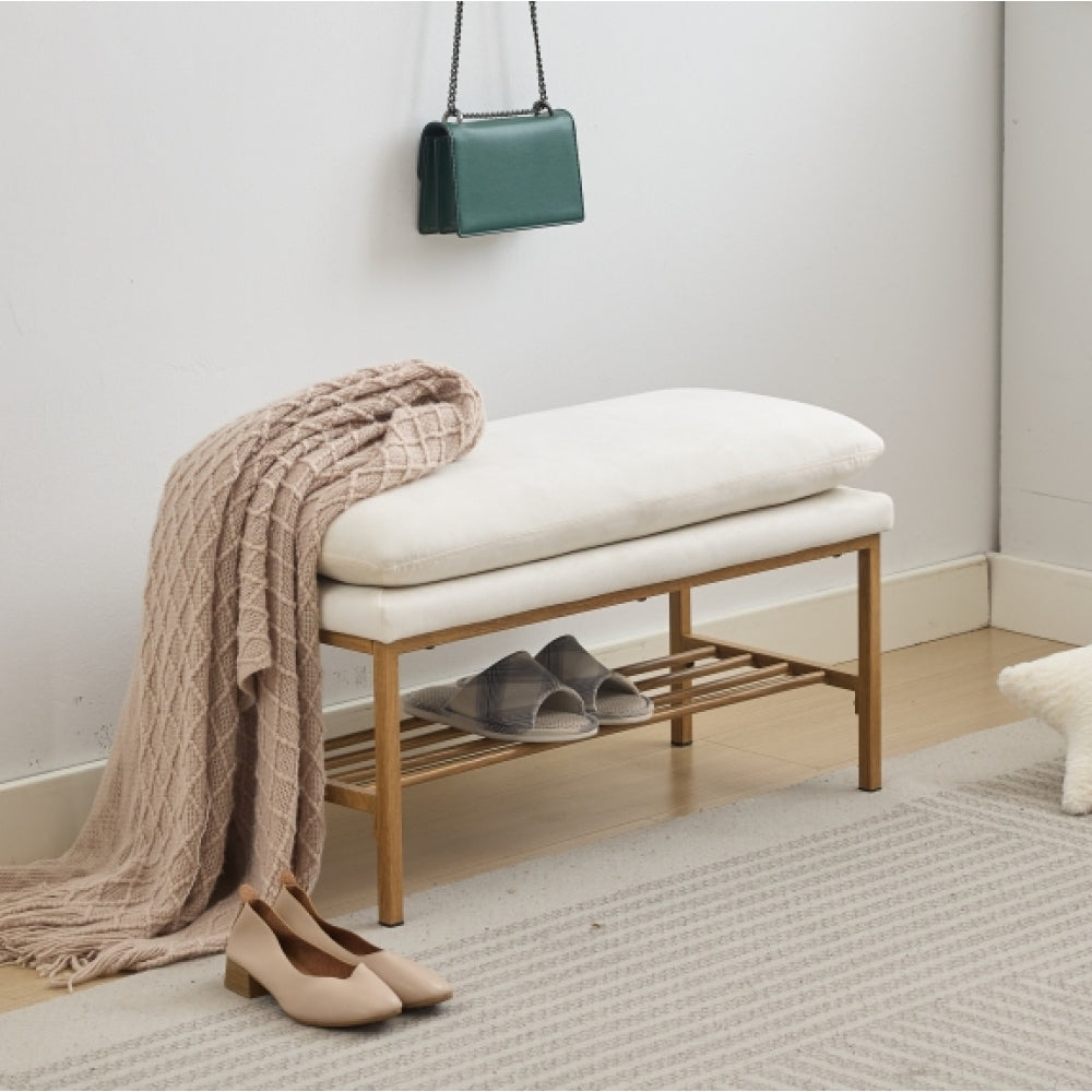 End of Bed Bench with Shelf, Linen Upholstered Storage Shoe Bench, Modern Bedroom Bench with Metal Legs for Living Room, Entryway, Dining Room, 300 LB, Linen Color(Black)