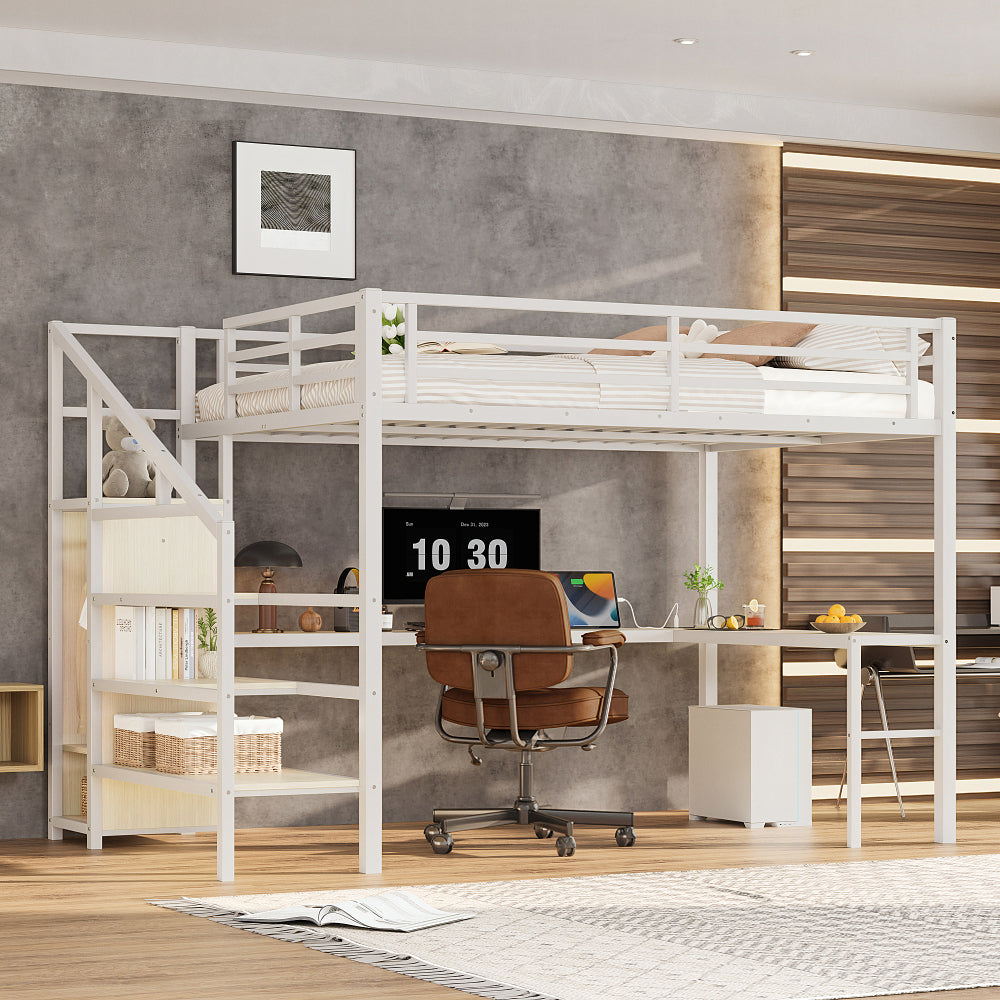Twin XL Size Loft Bed with L-shaped Desk and USB, Metal Loft Bed with Wardrobe and Adjustable Shelf, High Loft Bed with LED for Kids Teens Adults, Black