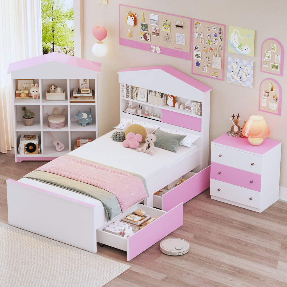 3-Pieces Bedroom Sets, Twin Size House-Shaped Wooden Bed with Storage Drawers, Nightstand with Colorblock Design and House-shaped Stroage Rack, Brown+White