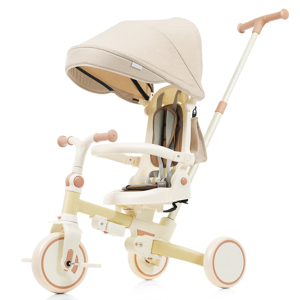 7 in 1 Baby Tricycle, Foldable Toddler Tricycle with Removable and Adjustable Parent Handle, Toddler Push Bike with Removable Pedal, Canopy, and Guardrail, Tricycle for 12-72 Months, ivory and brown