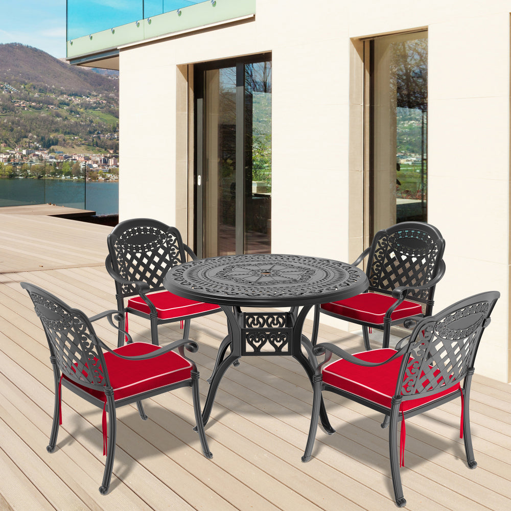 Ø39.37-inch Cast Aluminum Patio Dining Table With Black Frame and Umbrella Hole