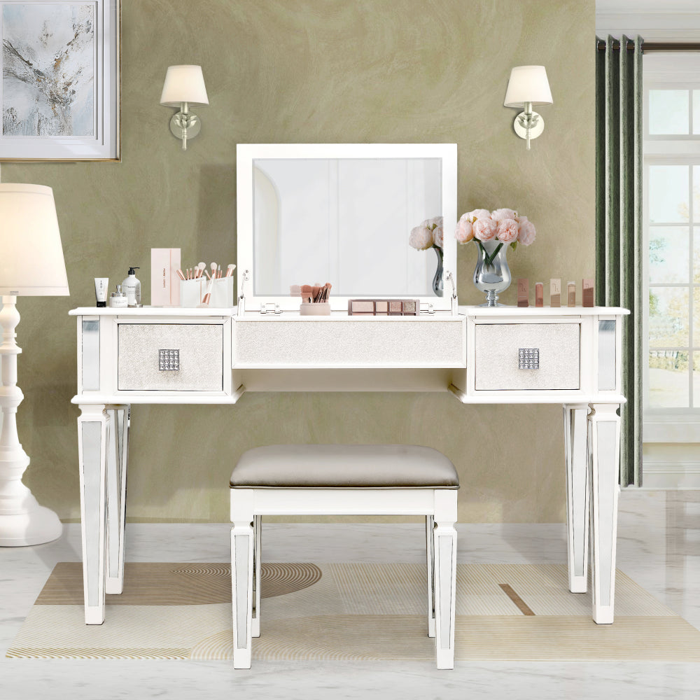 Mirrored Vanities Desk with Drawers, Bedroom Makeup Vanity Table Set with Mirror and Stool, Flip Up Dressing Table for Bedroom/Makeup Room, Working Desk for Women, Girl Furniture Combo