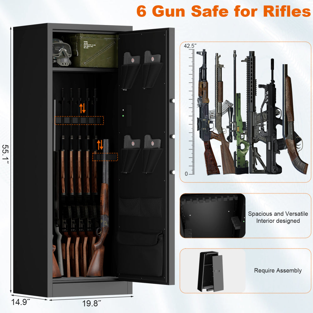 Steel Large Fireproof and Waterproof Gun Safe, Supporting Classified Storage of Multiple Types of Firearms, Equipped with Pistol Pouches, a Programmable Keypad, Dual Backup Keys and a Alarm System.