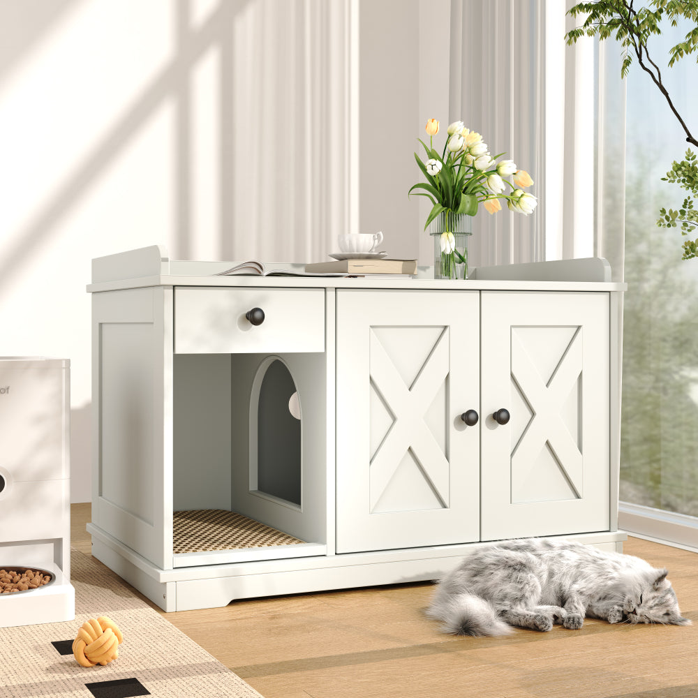 GO Cat Litter Box Enclosure for 2 Cats, Double Hidden Litter Box Furniture Cat Washroom, Farmhouse Indoor Cat House End Table, Brown