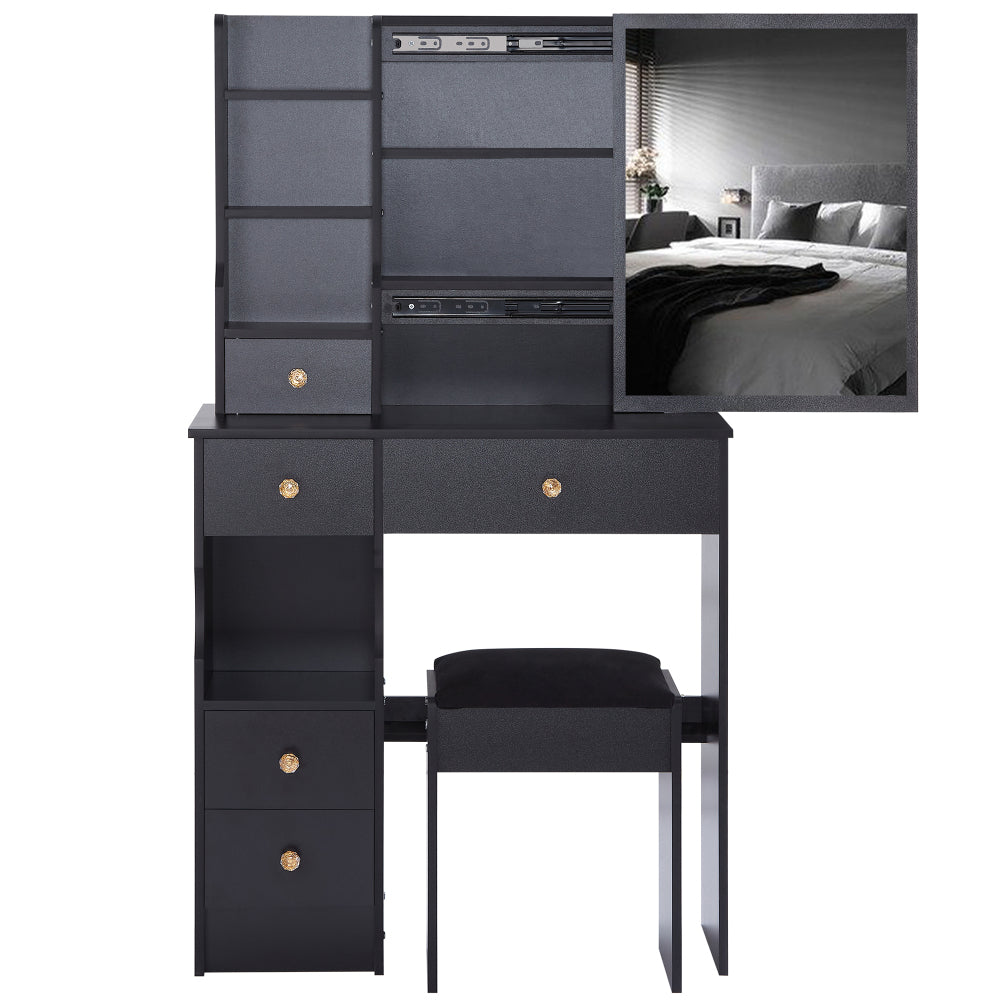29.2" Small Size Left Drawer Desktop Vanity Table + Cushioned Stool, 2 AC+2 USB Power Station, Hair dryer bracket, Extra Large Touch Control Sliding LED Mirror, Tri-color Switching, Brightness Adjust