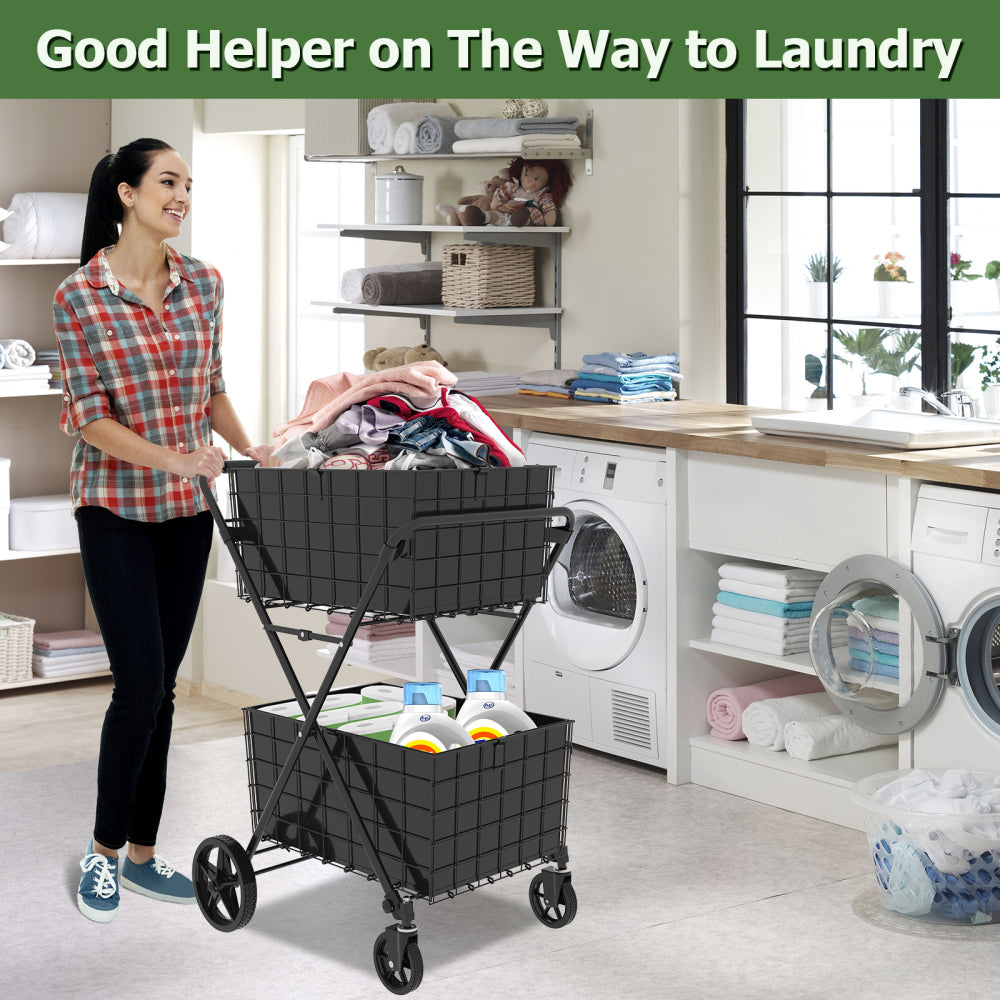Jumbo Shopping Cart,2 Layers Grocery Cart on Wheels, Foldable Utility Shopping Carts with Double Basket and 360° Rolling Swivel Wheels for Groceries Laundry