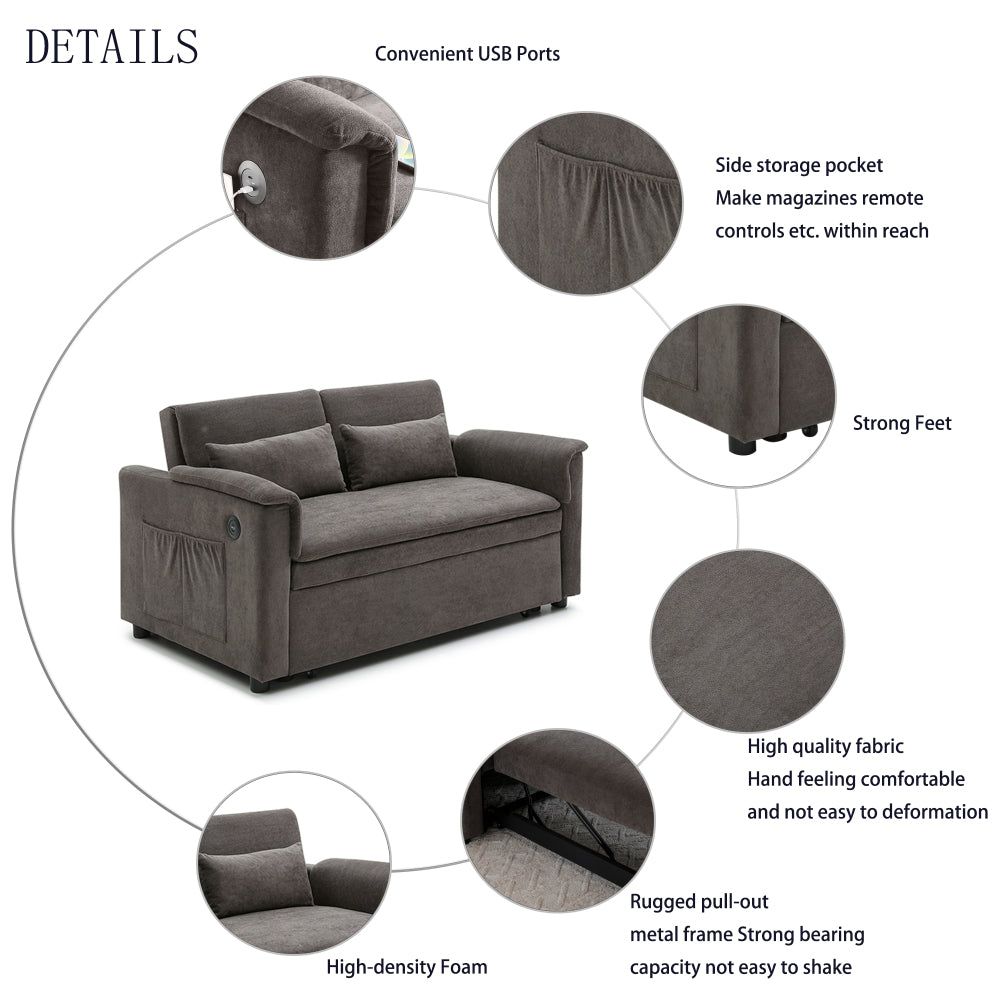 55" Velvet Two Seater Pull Out Sofa Bed, Adjustable Backrest With USB Ports, Two Side Pockets, 3 in 1 Convertible Sleeper Sofa Bed, Modern Love Seat Lounge,2 waist pillows for living rooms,GREY